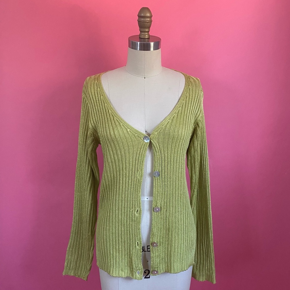 Vintage 80s/90s Slinky Rayon Ribbed Lime Green Statement Sweater Knit Cardigan S